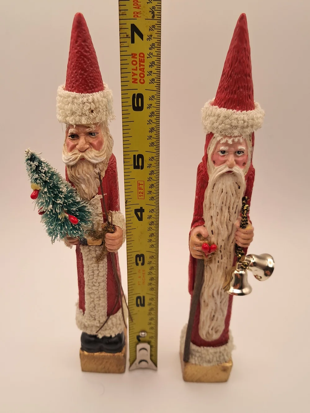 ​Vintage Resin Skinny Santa Claus Figurines Set of 2 Christmas Tree Bells 7.25